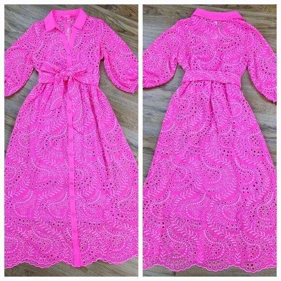 🩵NWT Lilly Pulitzer Pink Isle Amrita Swirly Fern Scalloped Eyelet Dress Size 2 - Picture 14 of 15